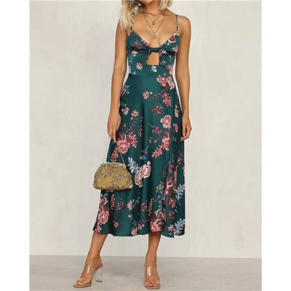 Dark Green Floral Print Satin Tie Front Cami A-Line Dress Flowy Midi Party Dress - Picture 1 of 6